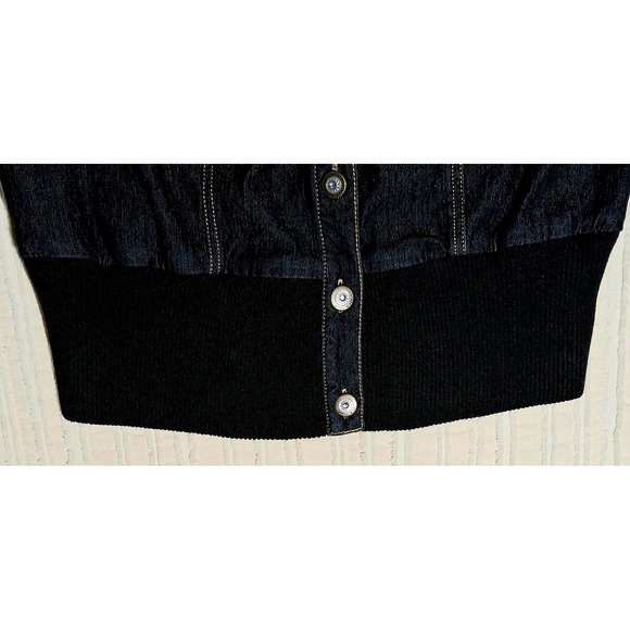 Y2k Denim Cropped Jacket Gold Stitching Ribbed Trim Short Sleeve Moto - Picture 15 of 17